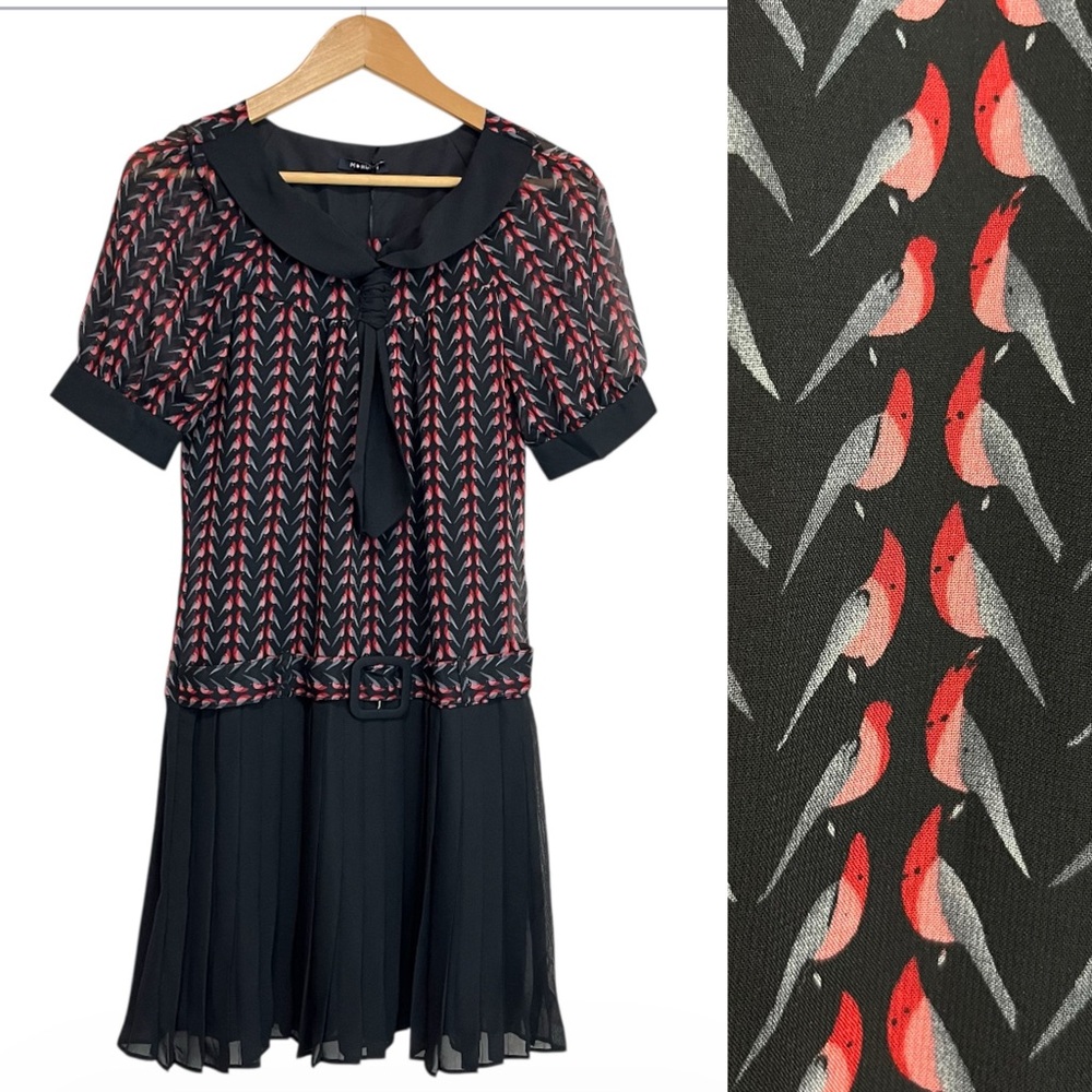 NWT Morgan De Toi Pleated Shirt Abstract Birds Mini Dress - size 38 EU